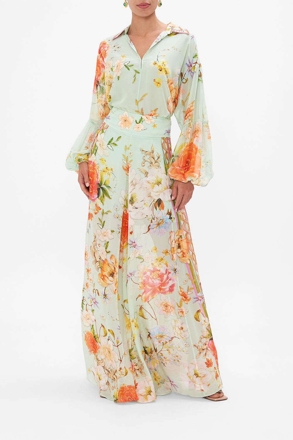 Front view of model wearing CAMILLA floral silk blouse in Talk The Walk print