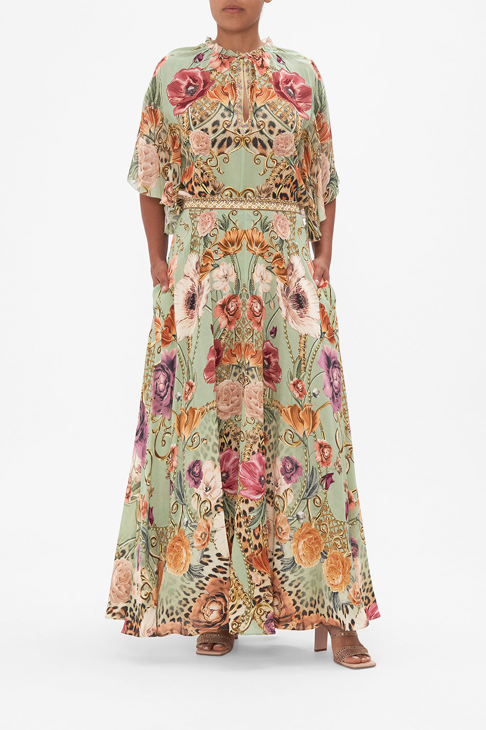 Front view of model wearing CAMILLA floral silk maxi skirt In Grow And Glow print