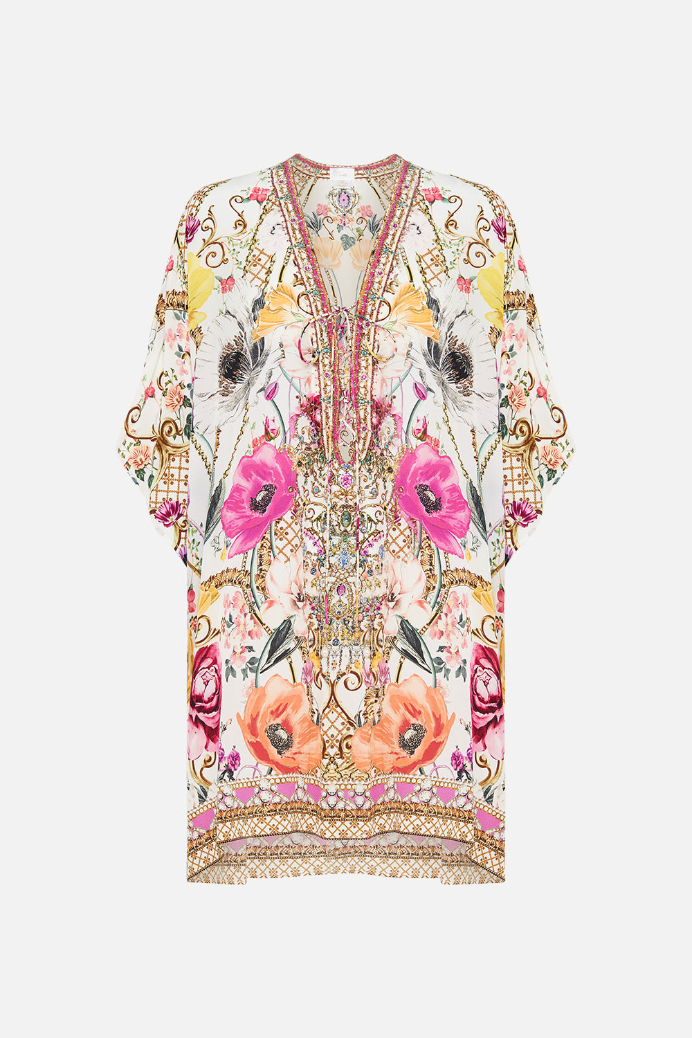 Product view of CAMILLA silk kaftan in floral in Destiny Calling print