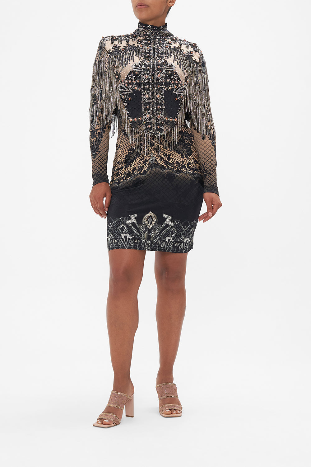 Front view of model wearing CAMILLA beaded gilet in the Adore Me print