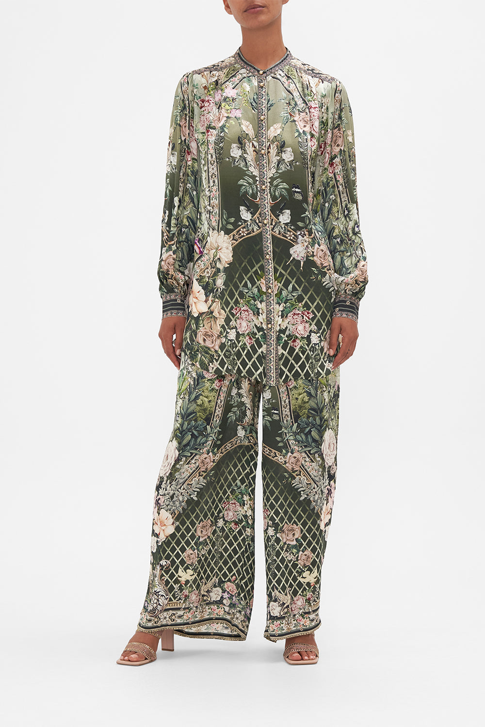 Front view of model wearing Camilla floral silk blouse Garden Of Good Fortune print