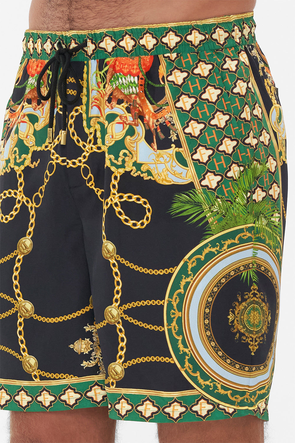 Detail view of model wearing Hotel Franks By CAMILLA mens walkshorts in Jealousy And Jewels print