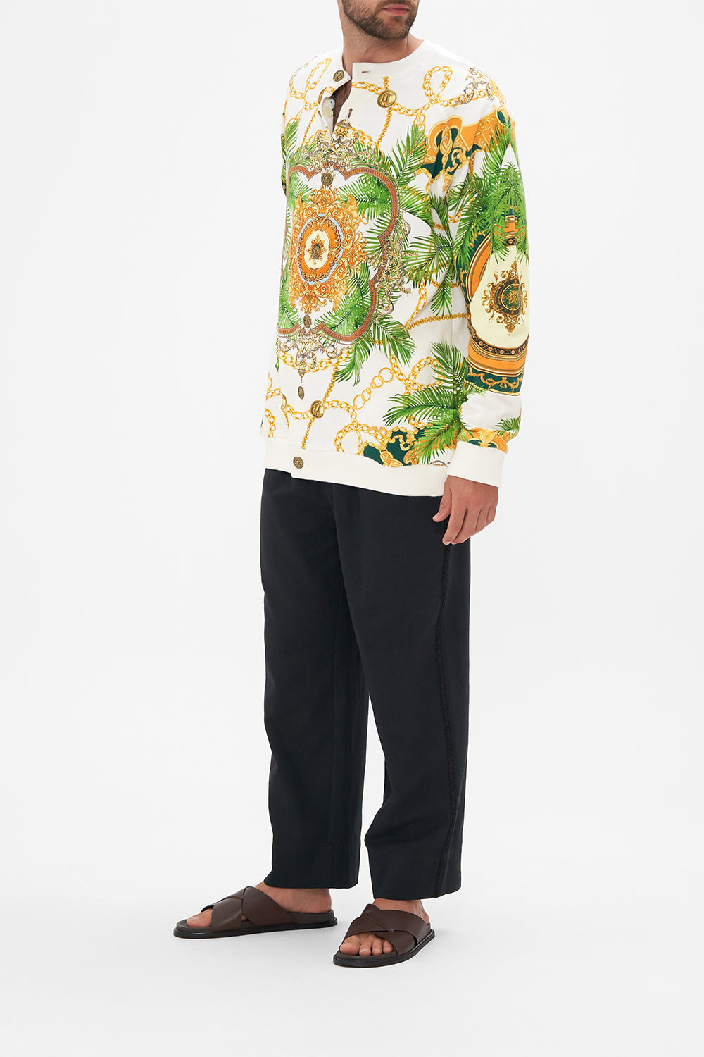 Back view of model wearing Hotel Franks by CAMILLA mens oversized hoodie in white My Sweet Devotion print