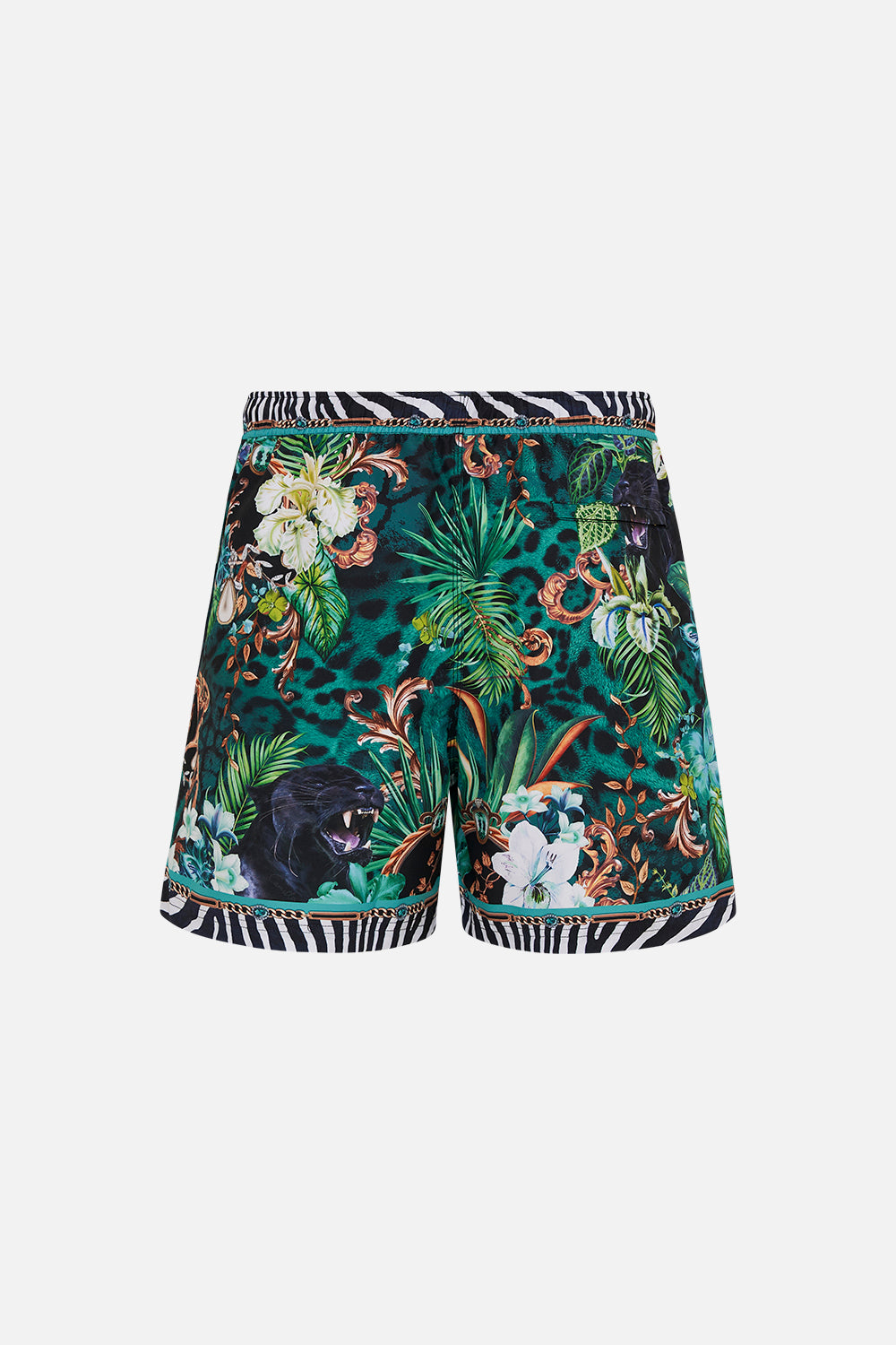 Back product view of Hotel Franks by CAMILLA mens green boardshorts in Sing my Song print