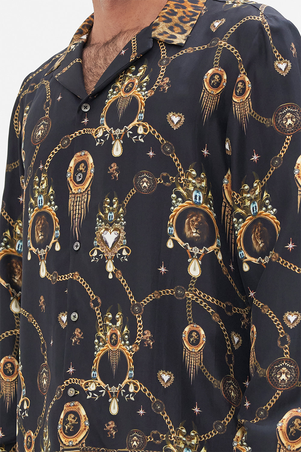 Detail view of model wearing Hotel Franks by CAMILLA mens black long sleeve silk shirt in Jungle Dreaming print