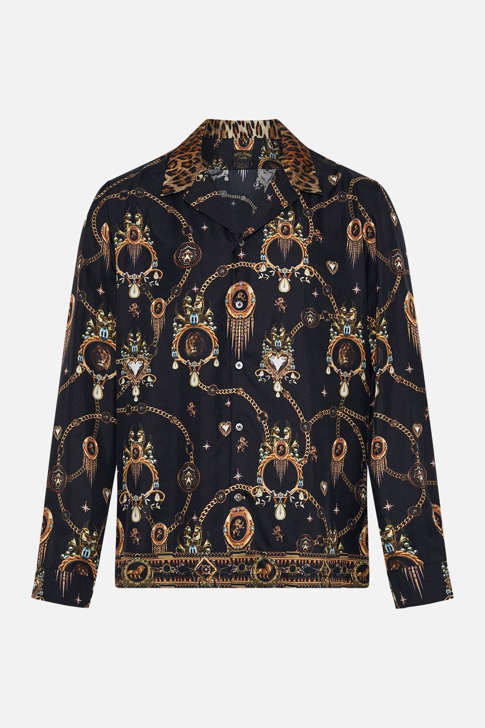 Product view of Hotel Franks by CAMILLA mens black long sleeve silk shirt in Jungle Dreaming print