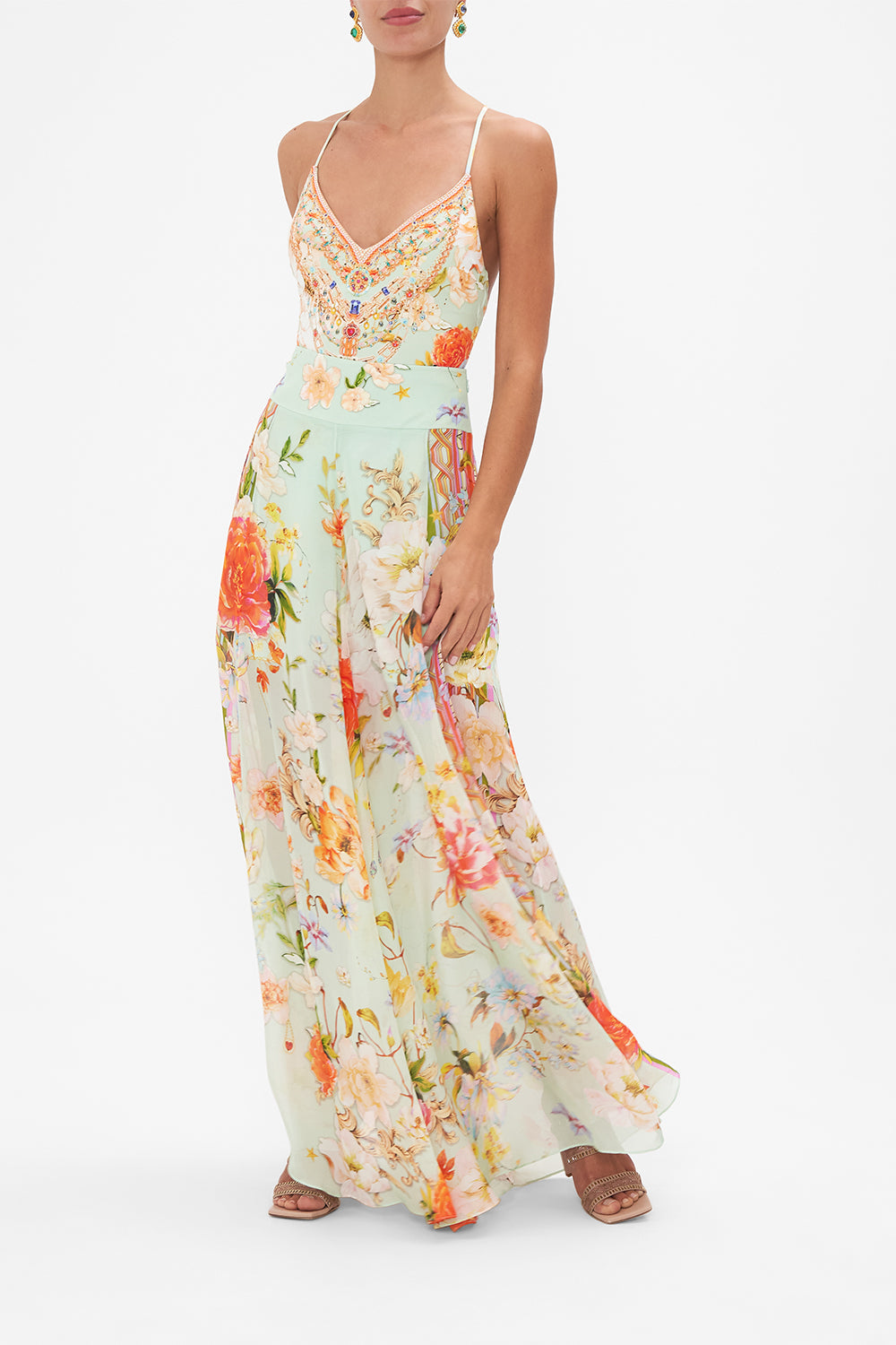 Front view of model wearing CAMILLA silk pants in Talk The Walk print