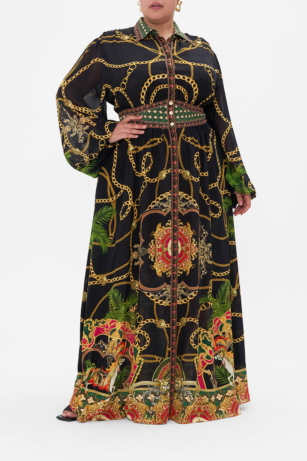 Front view of curvy model wearing CAMILLA plus size silk maxi dress in Jealousy And Jewels print