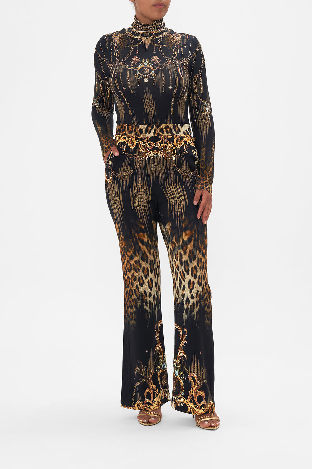 Front view of model wearing CAMILLA jersey turtleneck in Jungle Dreaming print