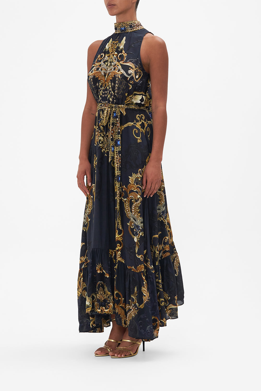 Side view of model wearing CAMILLA silk maxi dress in Moonlight Melodies print