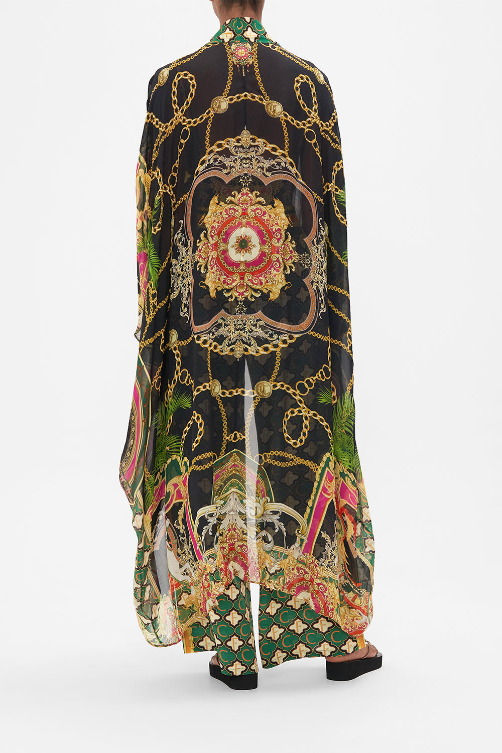 Back view of model wearing CAMILLA silk kimono in Jealousy and Jewels print