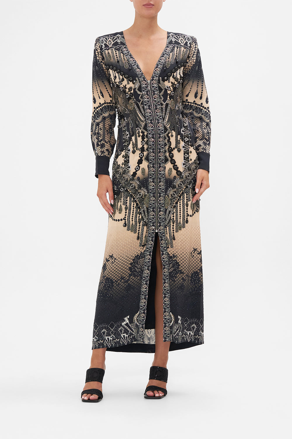 Front view of model wearing CAMILLA silk maxi dress in Curtain Call Chaos print