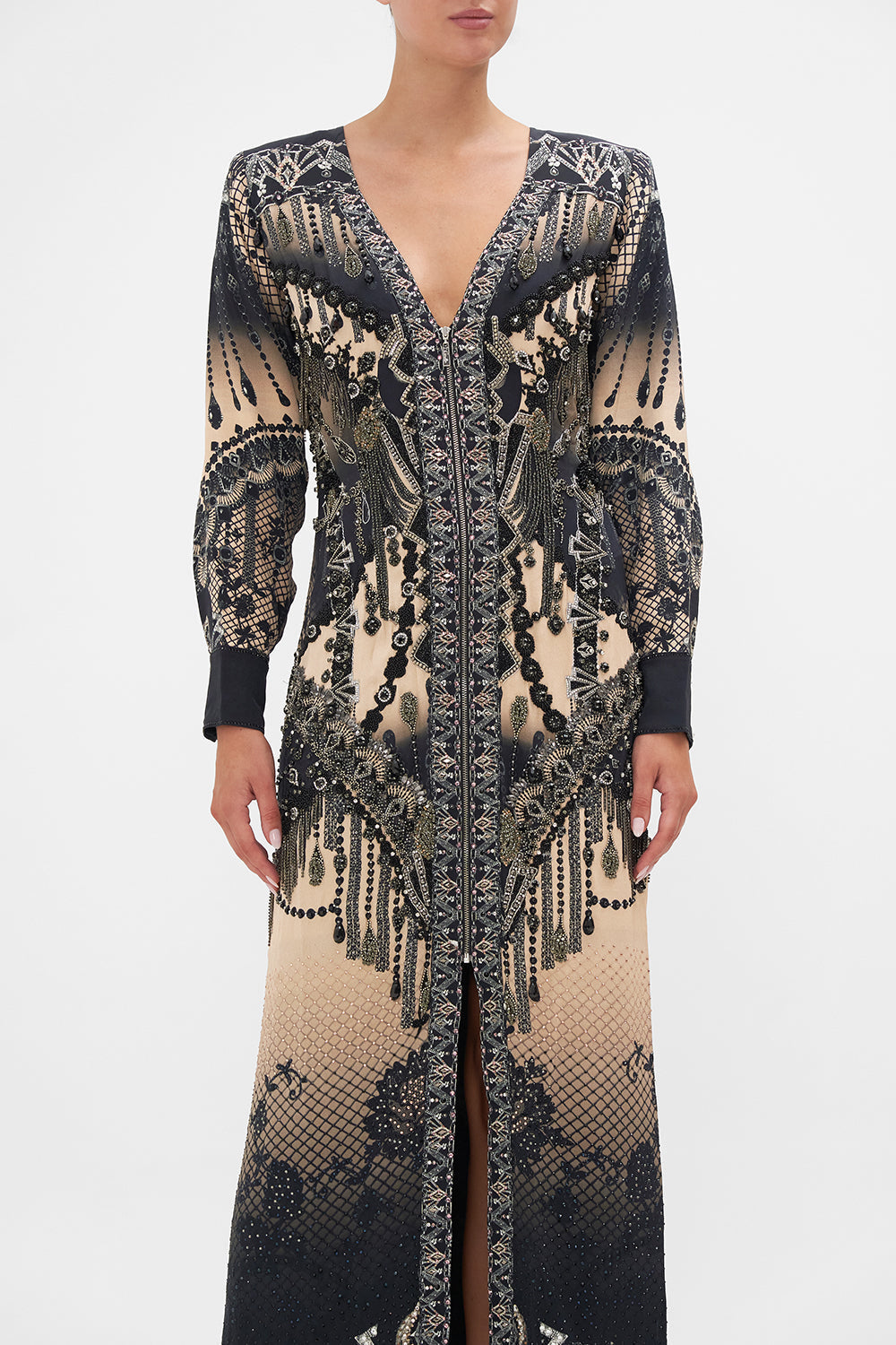 Crop view of model wearing CAMILLA silk maxi dress in Curtain Call Chaos print