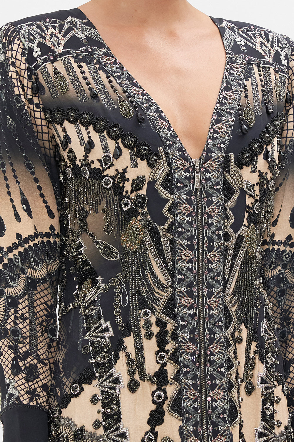 Detail view of model wearing CAMILLA silk maxi dress in Curtain Call Chaos print