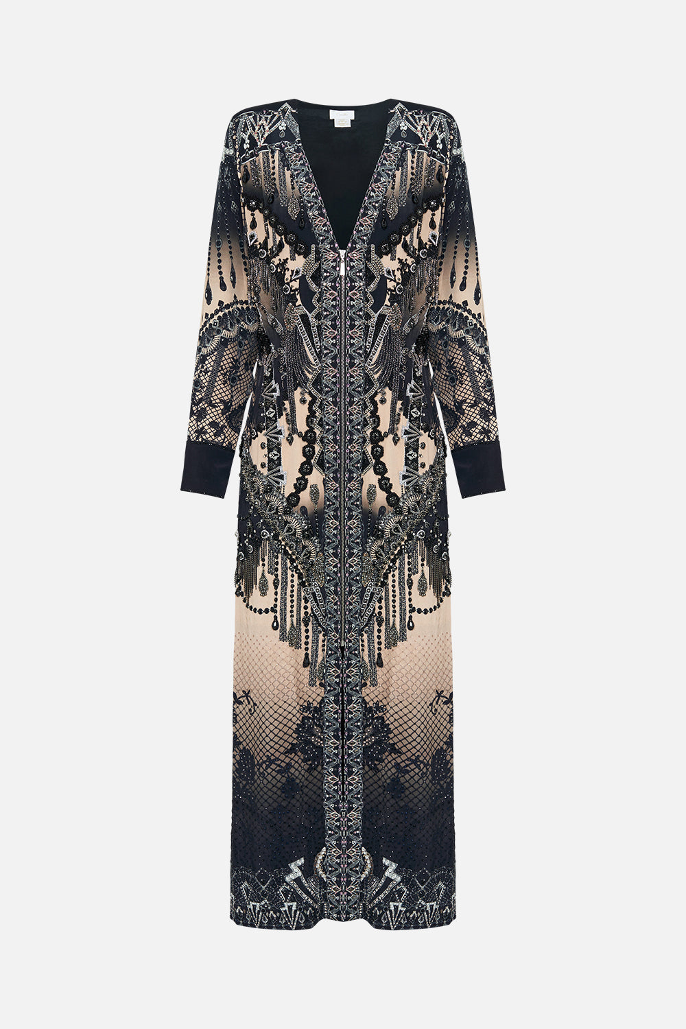 Product view of CAMILLA silk maxi dress in Curtain Call Chaos print