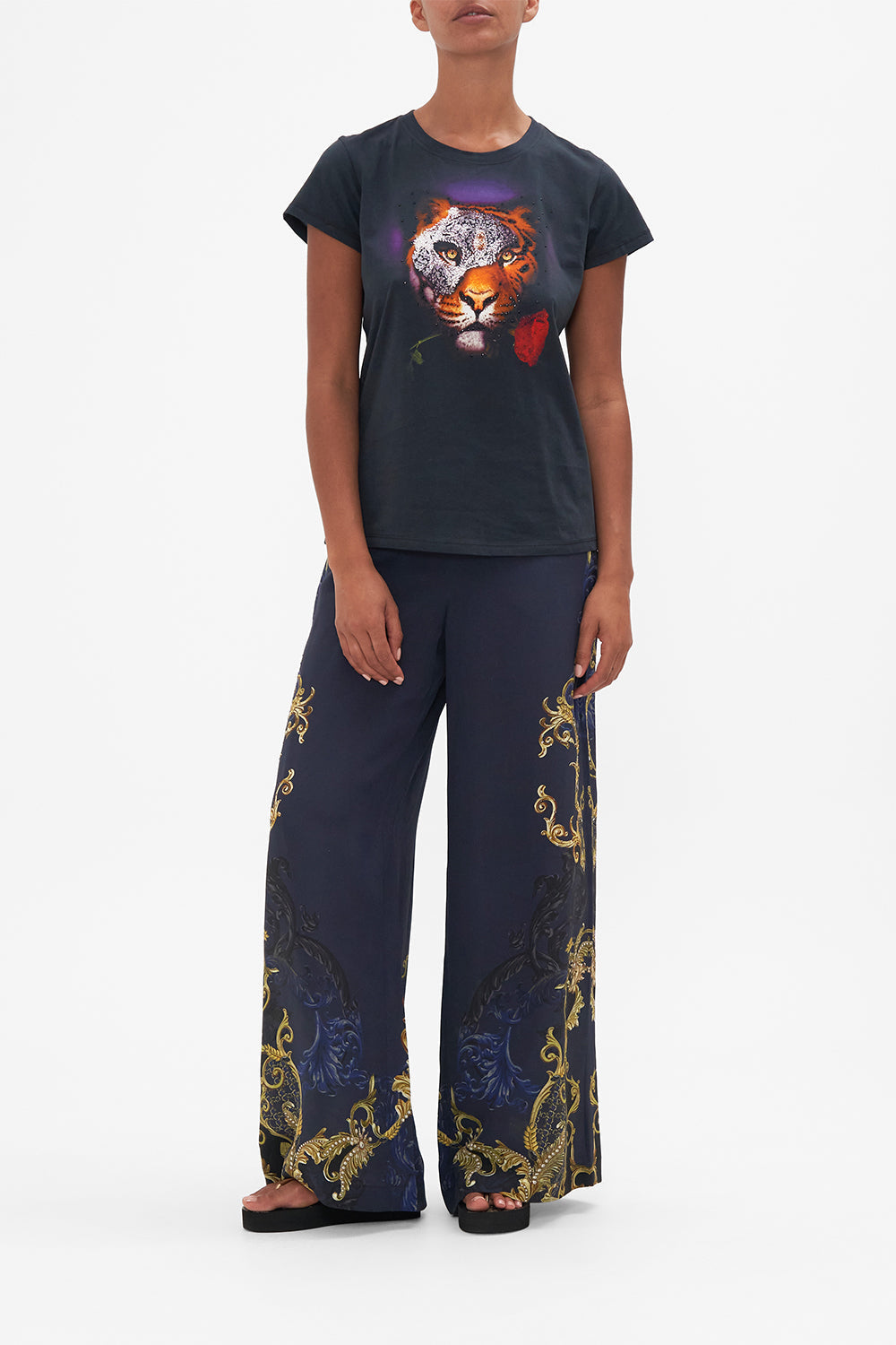 Front view of model wearing CAMILLA slim fit cotton tee in Moonlight Melodies print