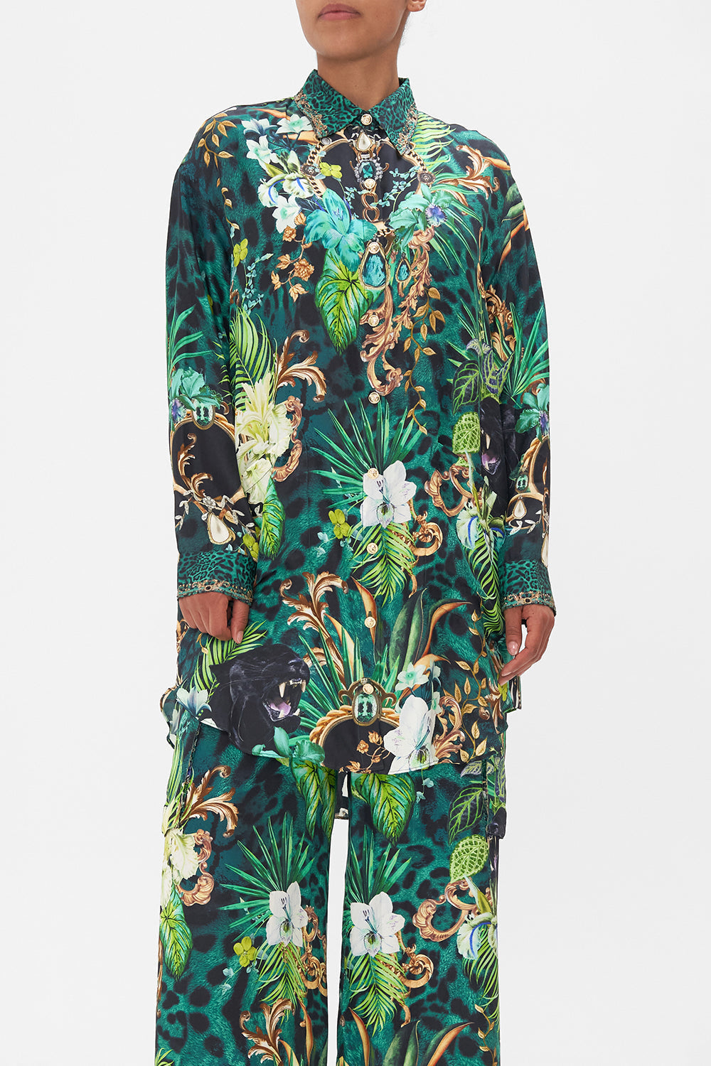 Crop view of model wearing CAMILLA silk tunic dress Sing My Song print