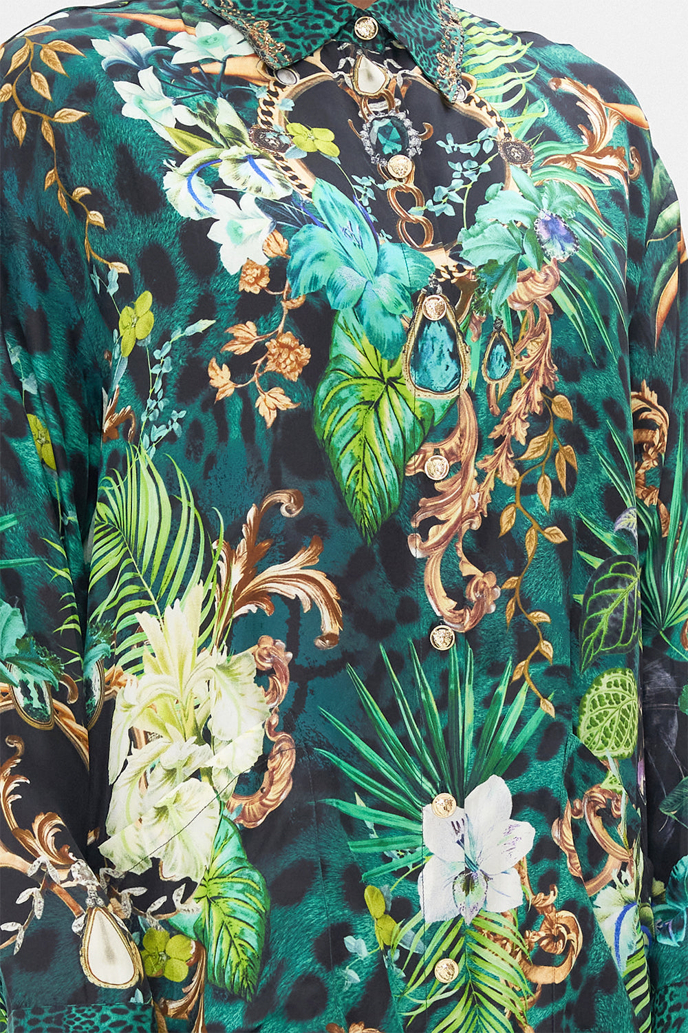 Detail view of model wearing CAMILLA silk tunic dress Sing My Song print