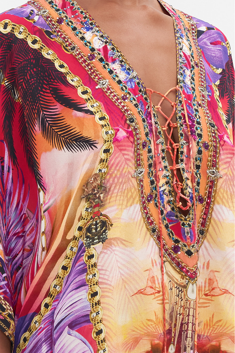 Back product view of CAMILLA resortwear silk kaftan in Wild Loving print