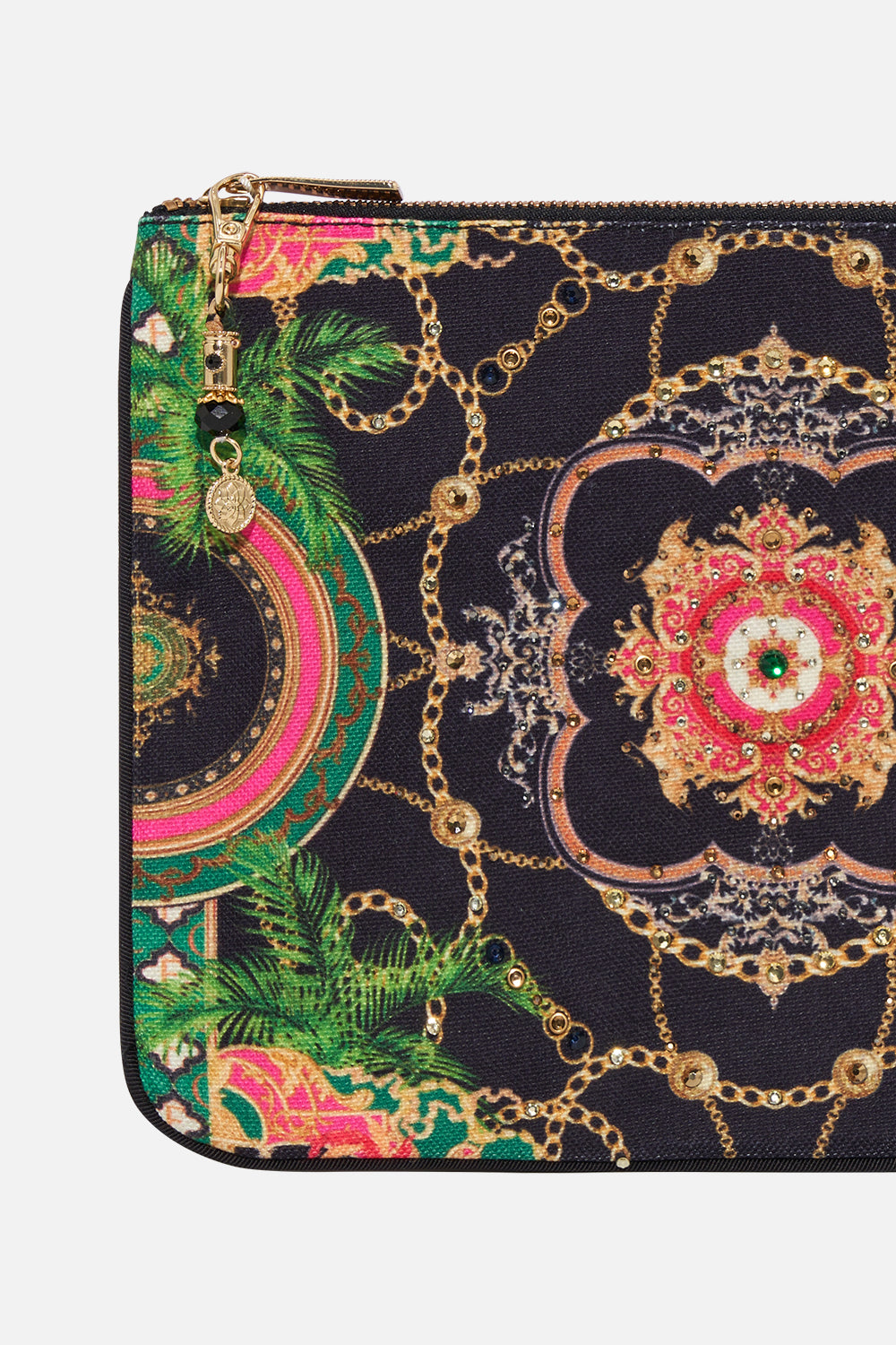 Detail view of CAMILLA clutch bag in Jealousy And Jewels print