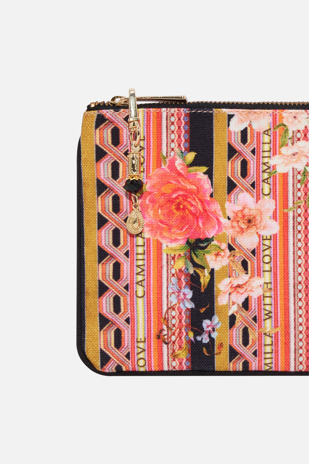 Detail view of CAMILLA coin and phone purse in Secret History print