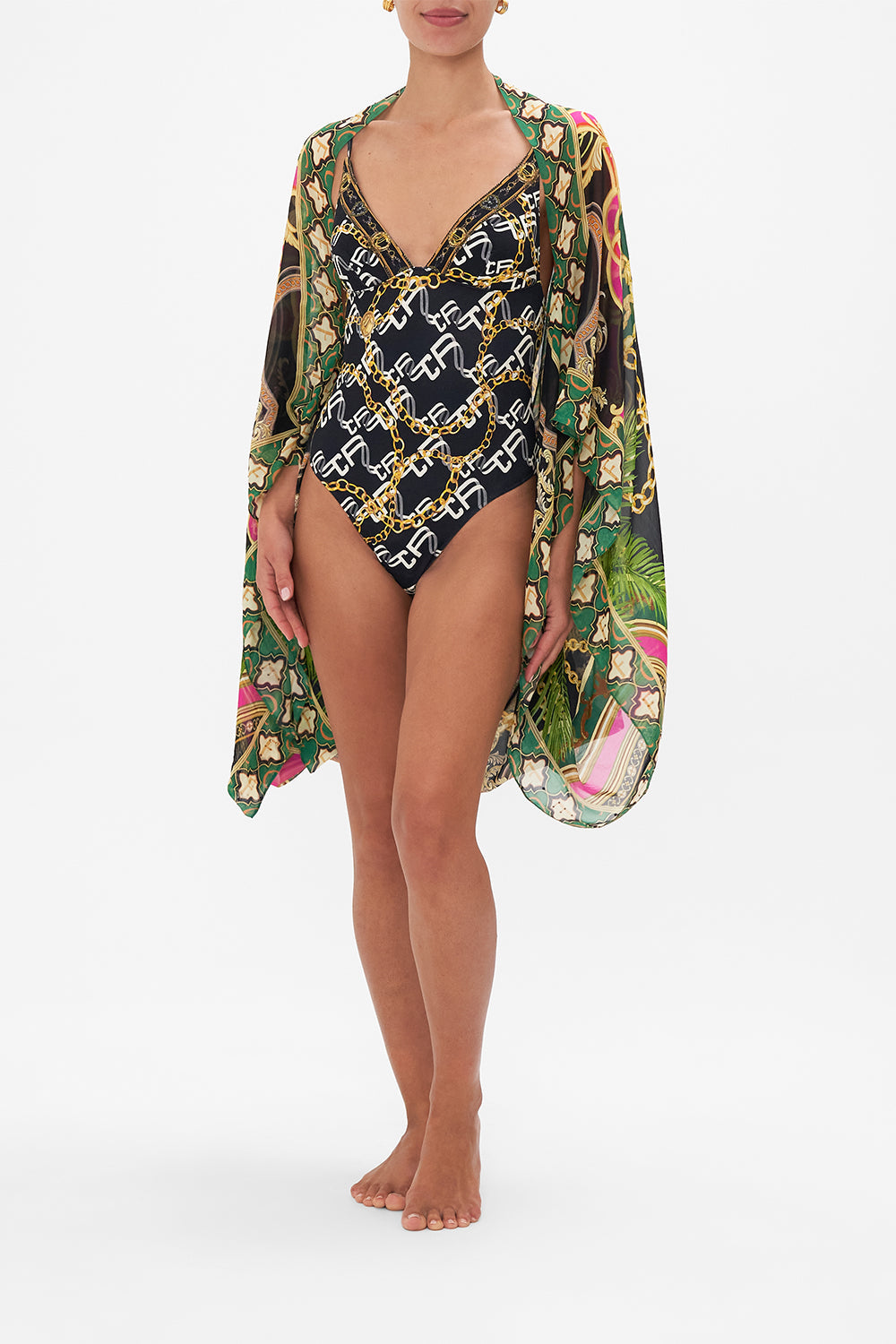 Front view of model wearing CAMILLA silk shrug in Jealousy And Jewels print