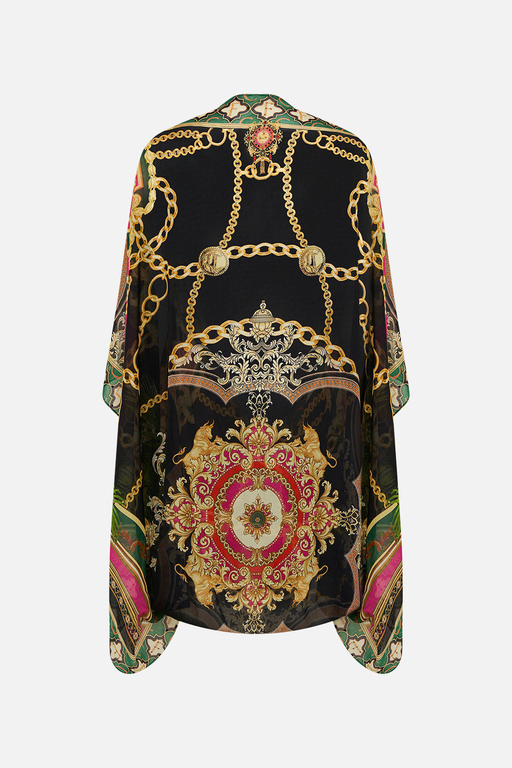 Back product view of model wearing CAMILLA silk shrug in Jealousy And Jewels print