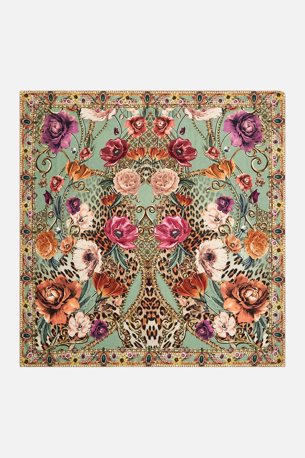 Detail view of CAMILLA silk square scarf in floral Grow and Glow print