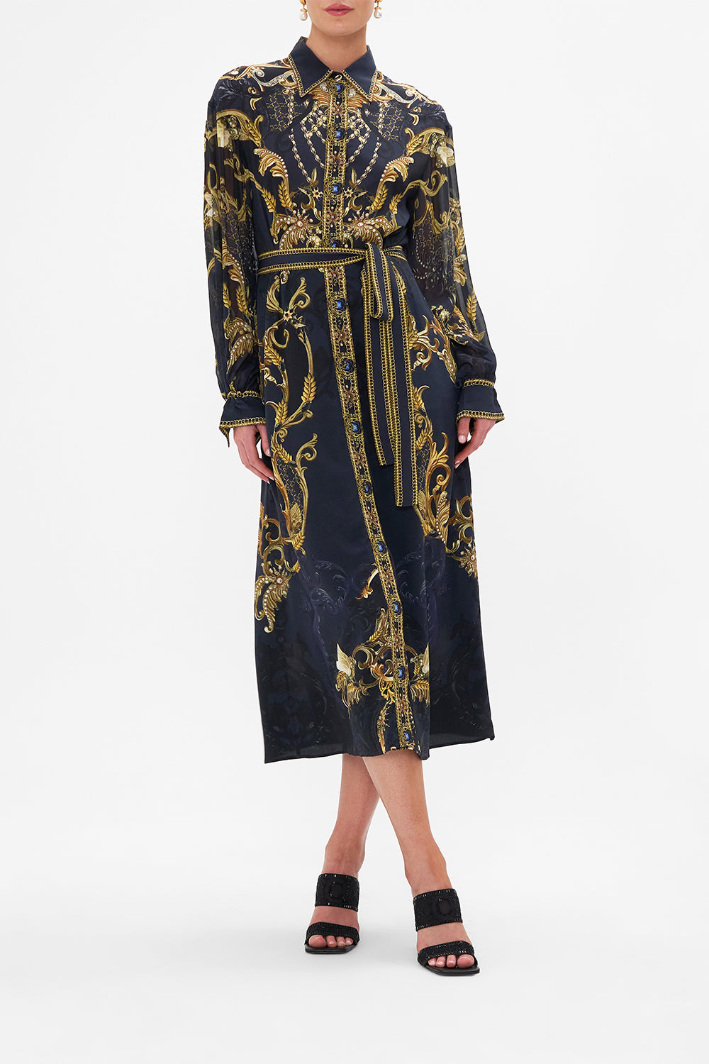 Front view of model wearing CAMILLA silk midi shirt dress in Moonlight Melodies print