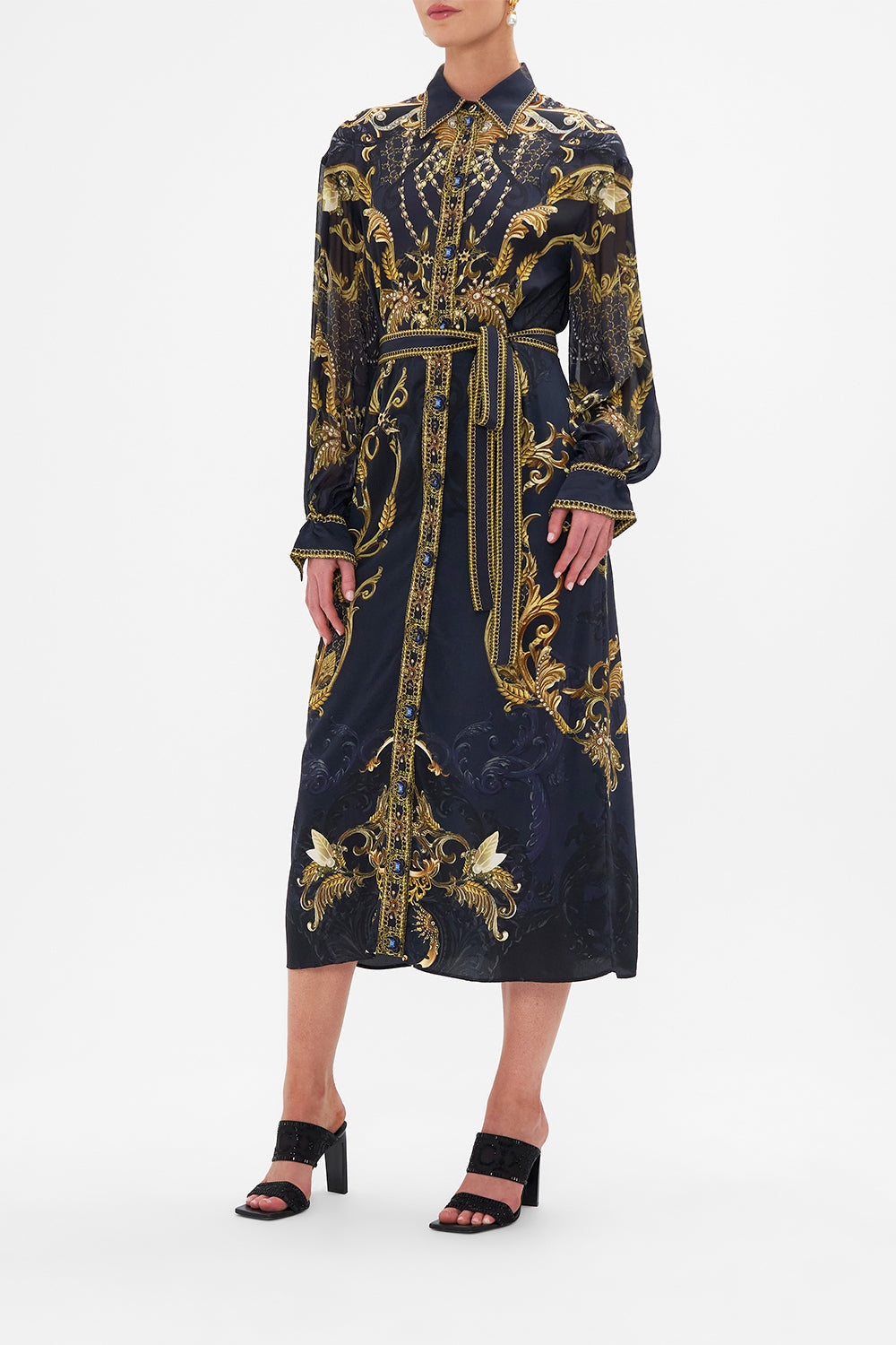 Side view of model wearing CAMILLA silk midi shirt dress in Moonlight Melodies print