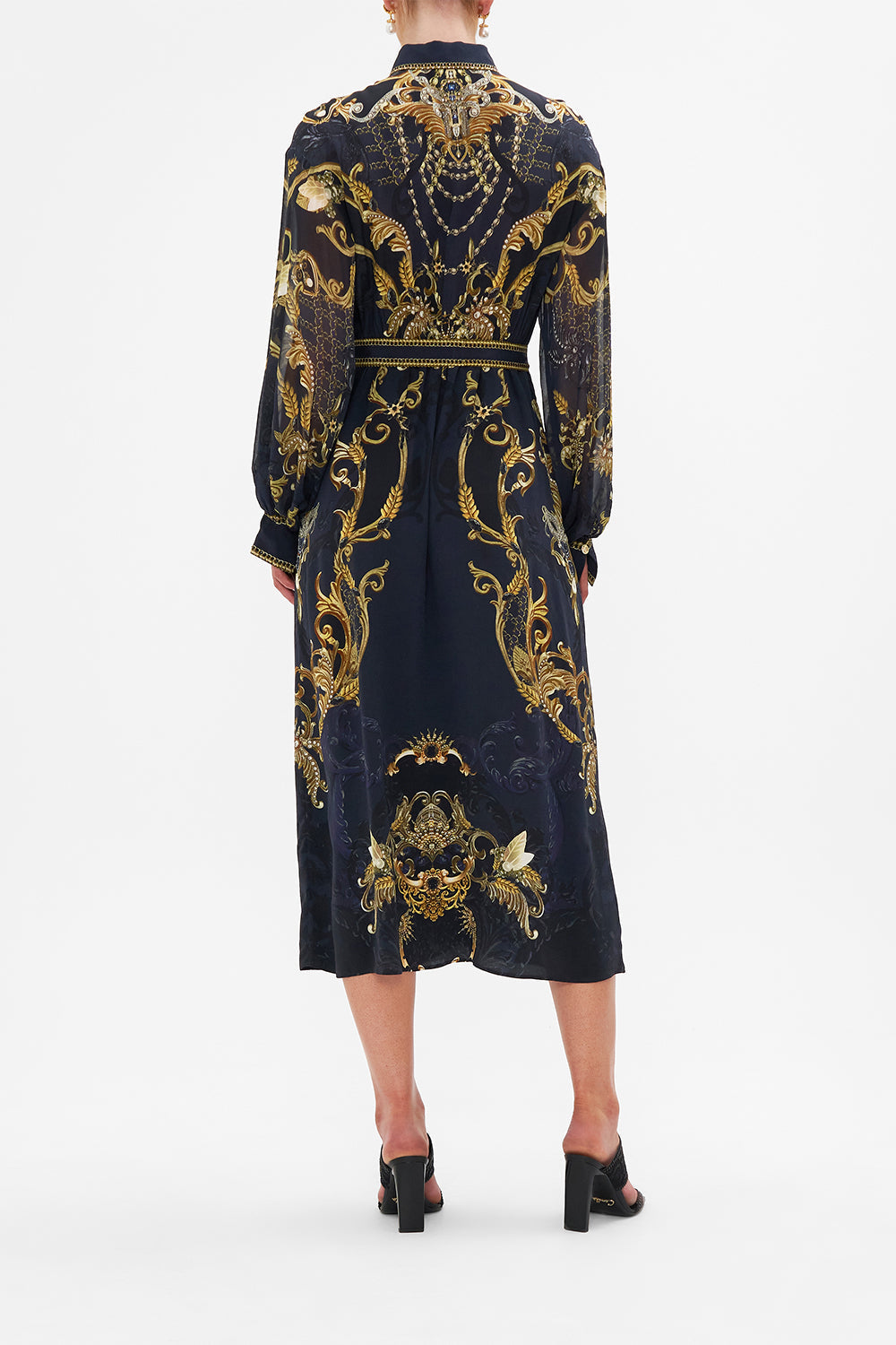 Back view of model wearing CAMILLA silk midi shirt dress in Moonlight Melodies print