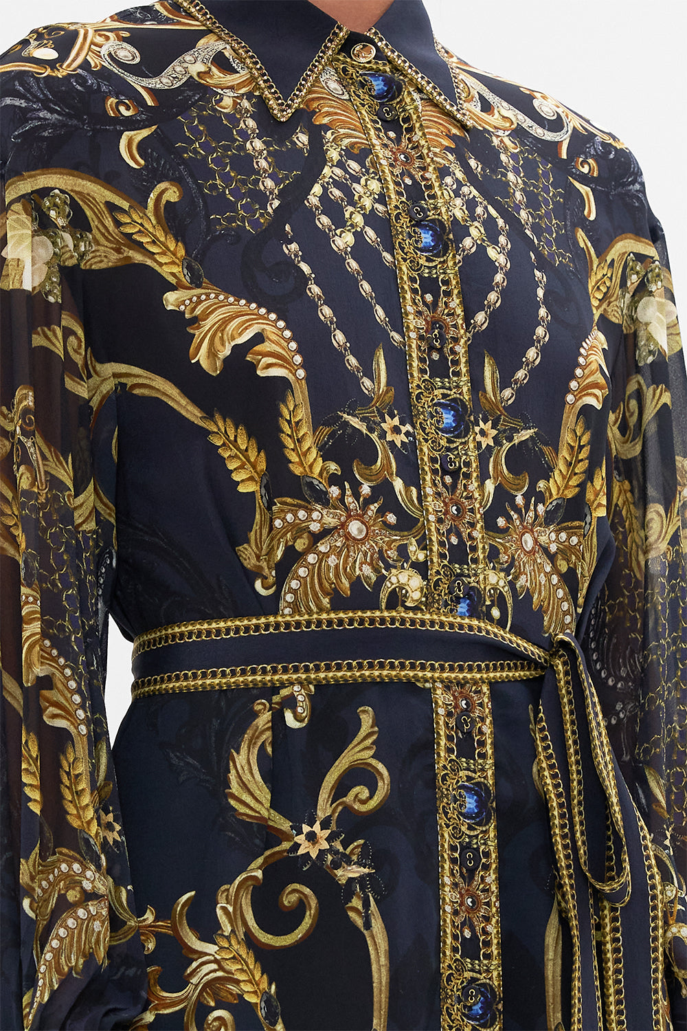 Detail view of model wearing CAMILLA silk midi shirt dress in Moonlight Melodies print