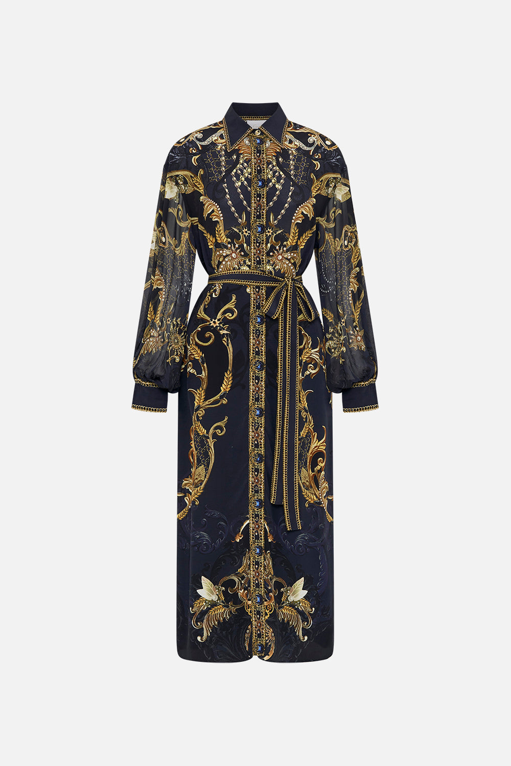 Front product view of CAMILLA silk midi shirt dress in Moonlight Melodies print