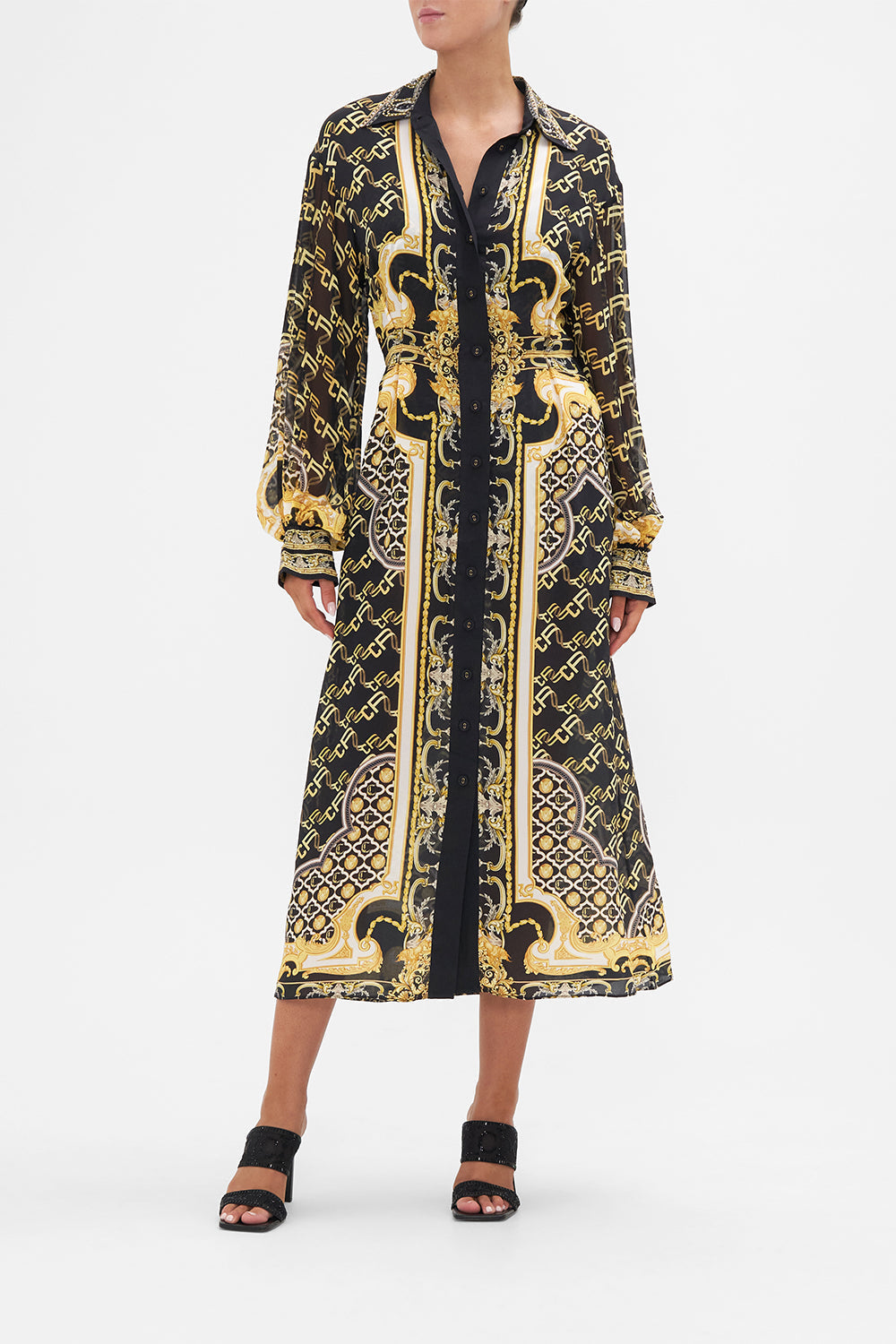 Front view of model wearing CAMILLA silk dress in Tether Me Not print