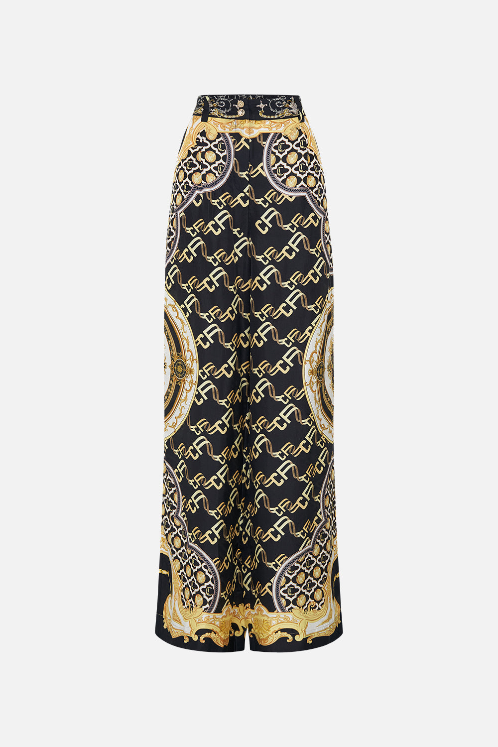 Product view of CAMILLA black silk pants in Tether Me Not print