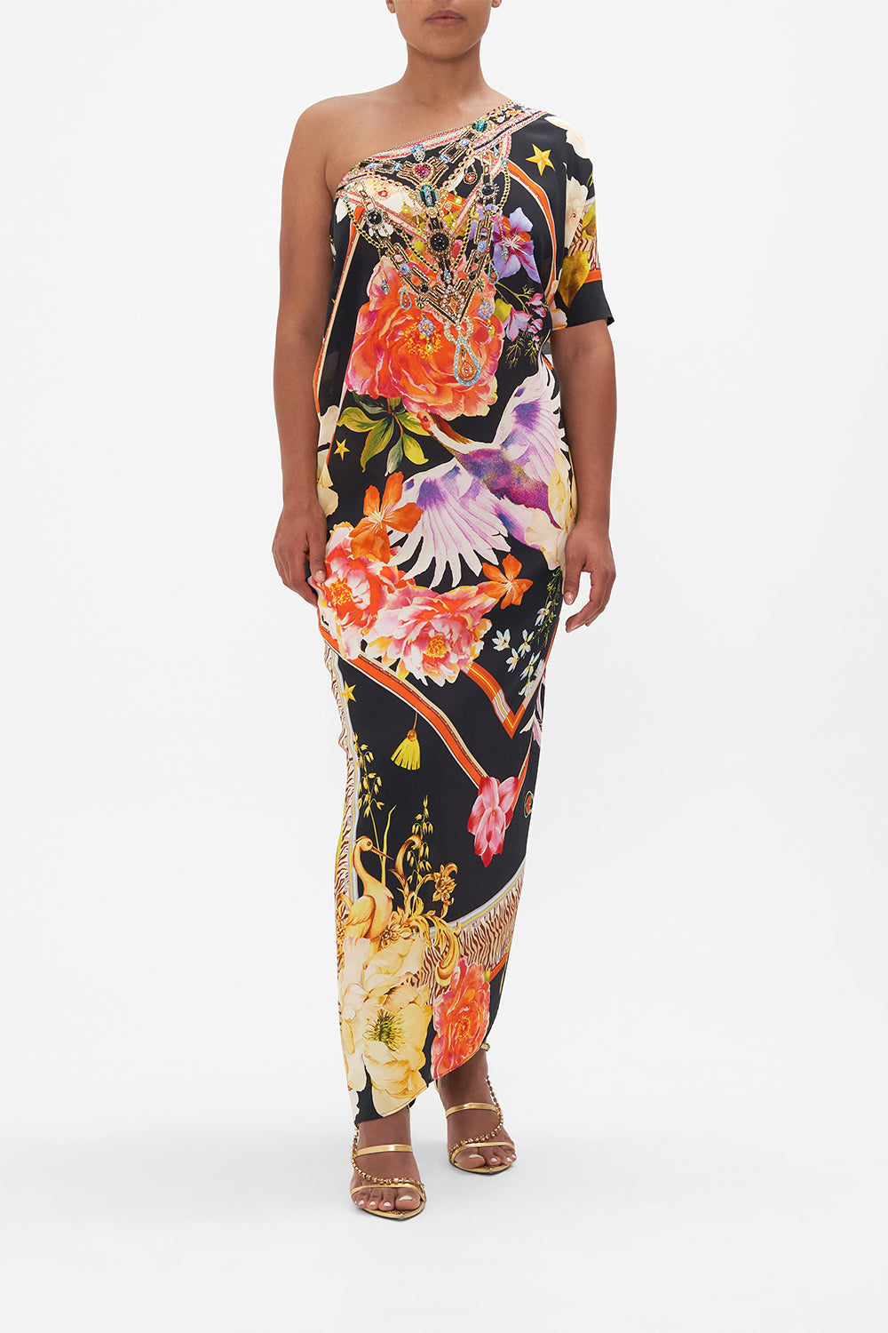 Styled view of model wearing CAMILLA silk kaftan in Secret History floral print