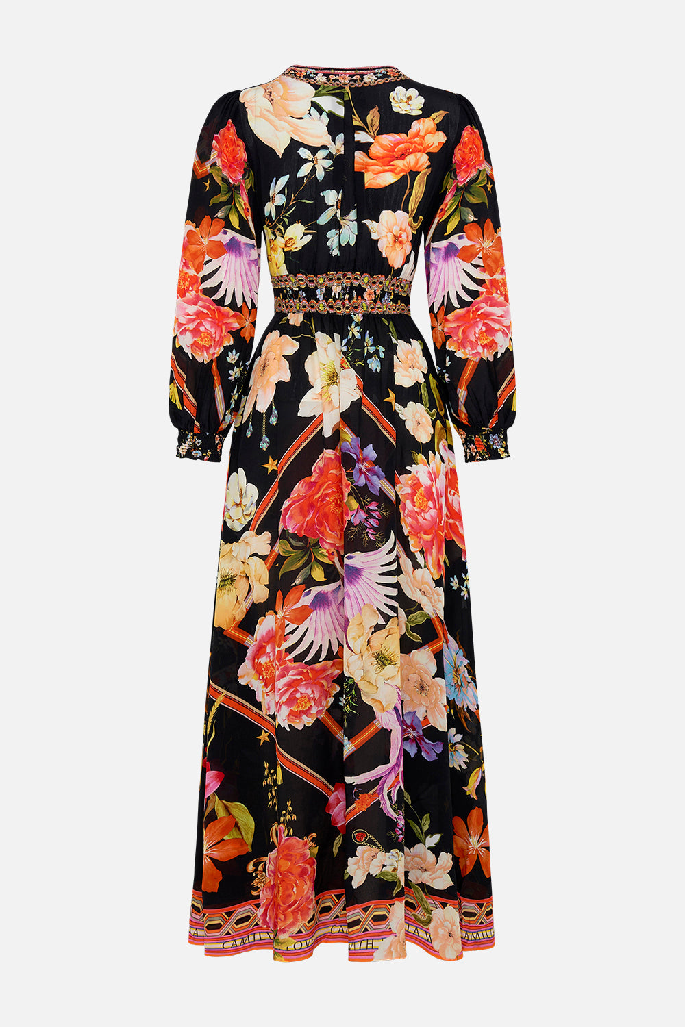 Back product view of CAMILLA silk maxi dress in Secret History floral print