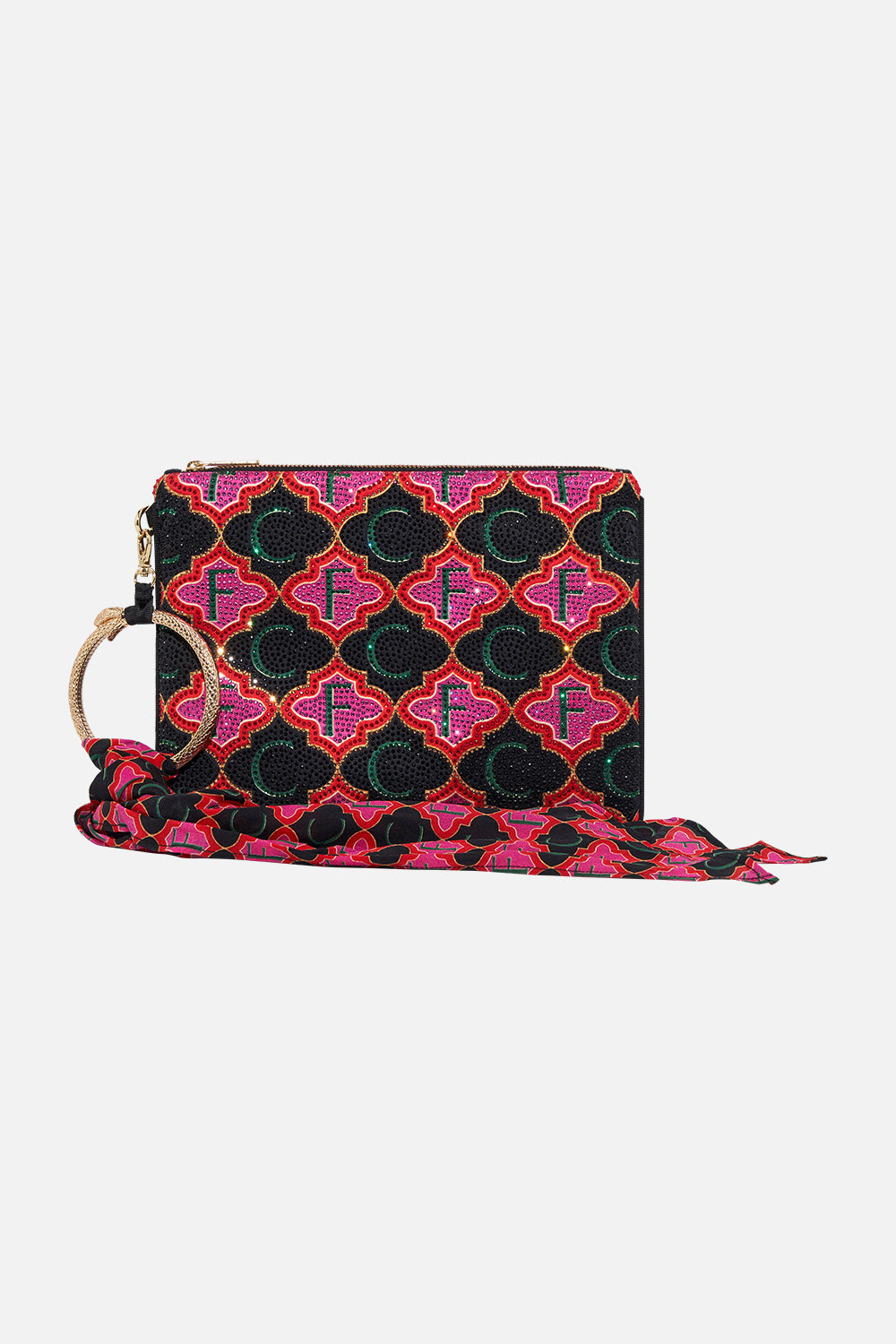 Product view of CAMILLA silk ring scarf clutch in Wild And Running print