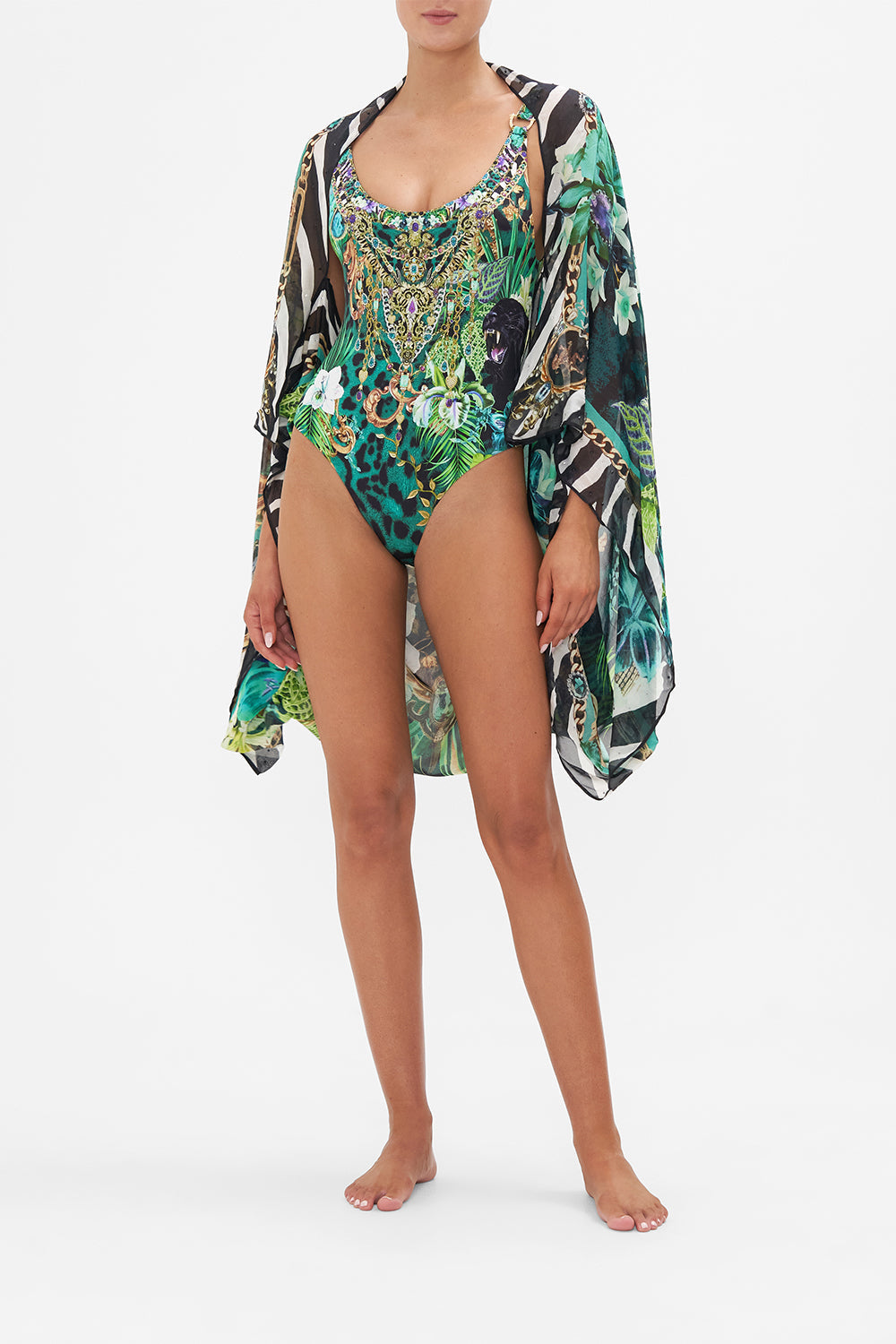 Front view of model wearing CAMILLA silk shrug in Sing My Song print