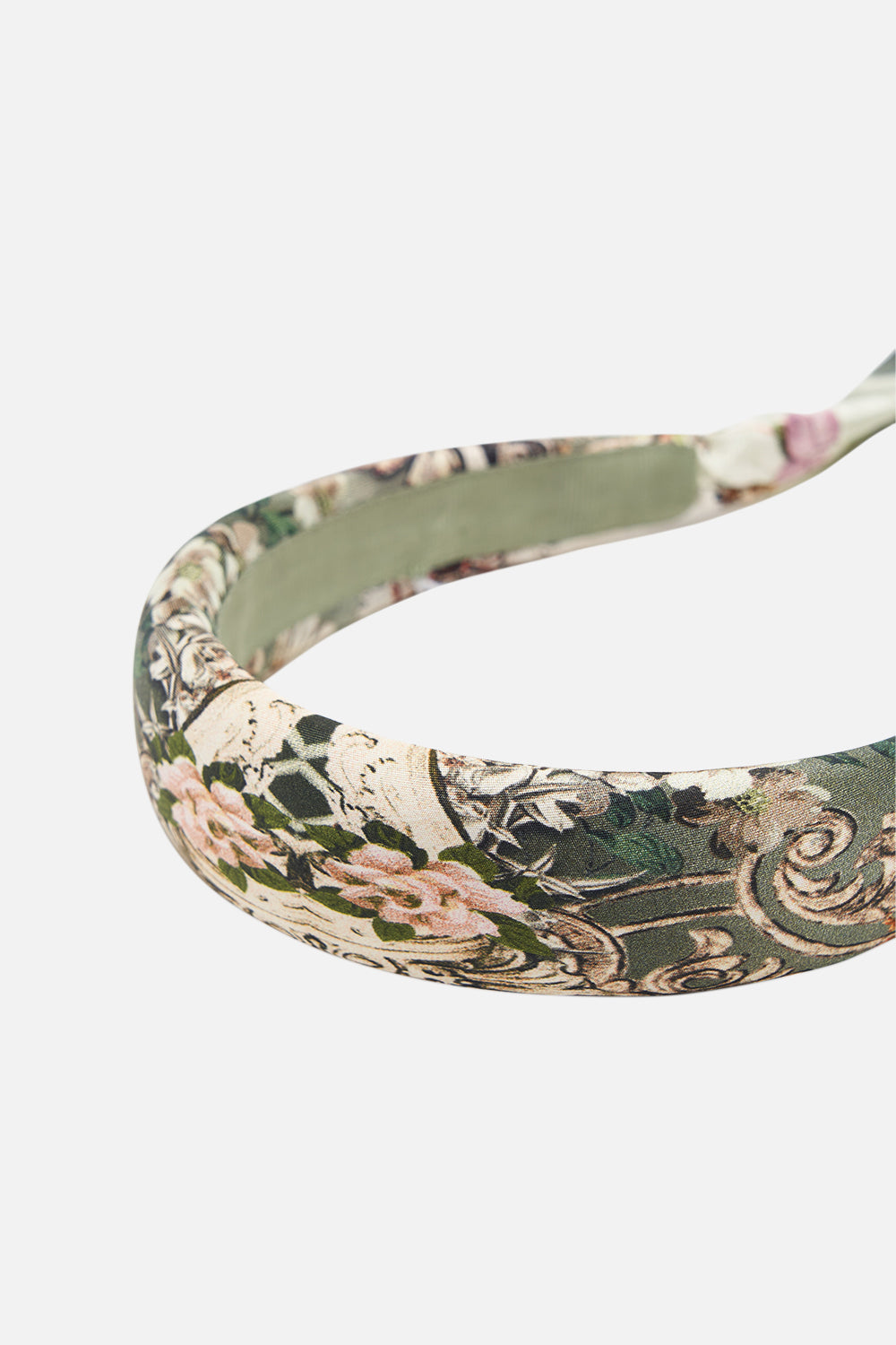Detail view of CAMILLA floral silk scarf headband in Garden Of Good Fortune print