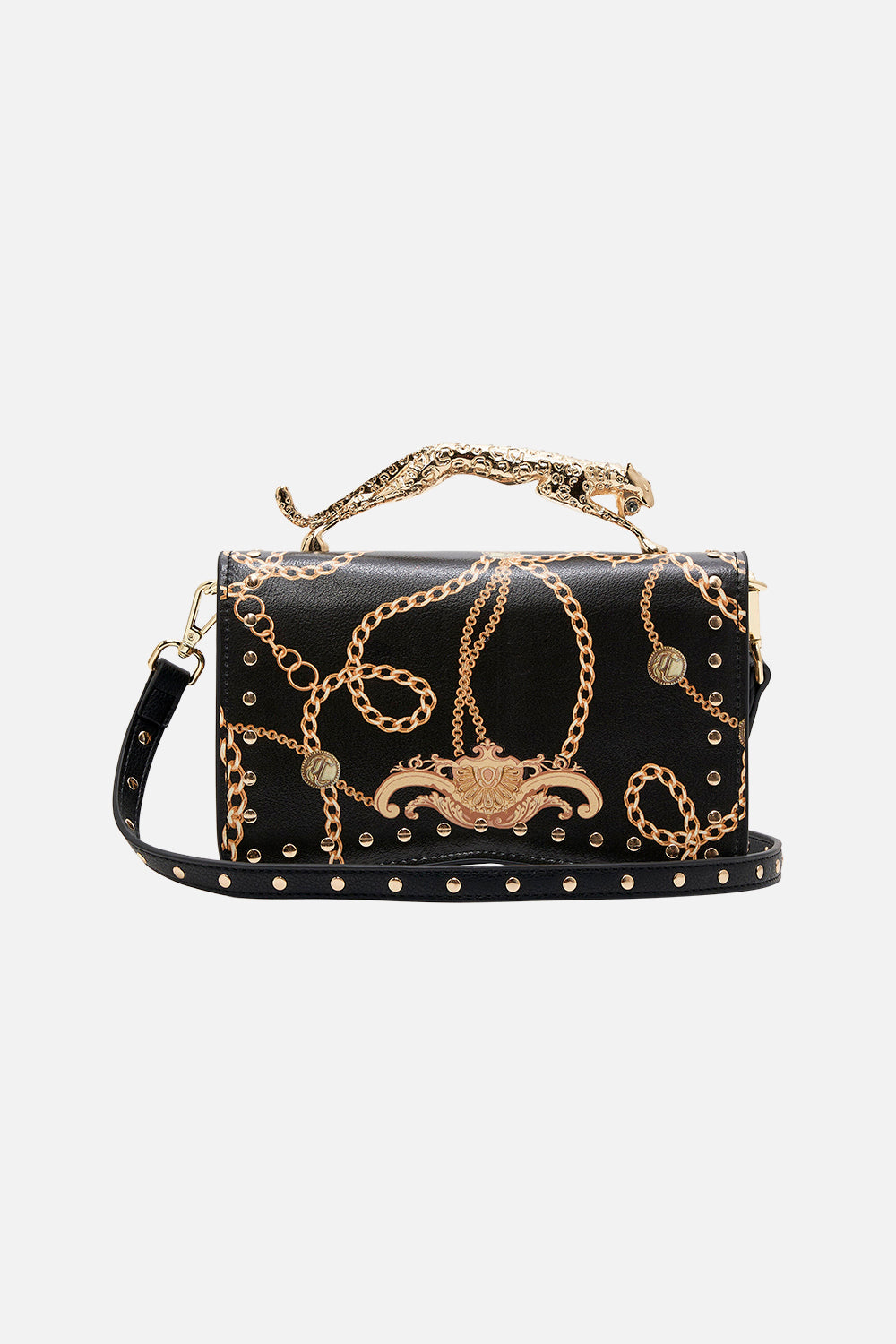 Detail product view of CAMILLA black designer handbag in Tether Me Not print