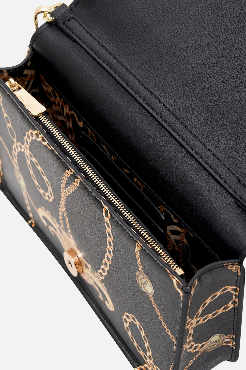 Inside product view of CAMILLA black designer handbag in Tether Me Not print