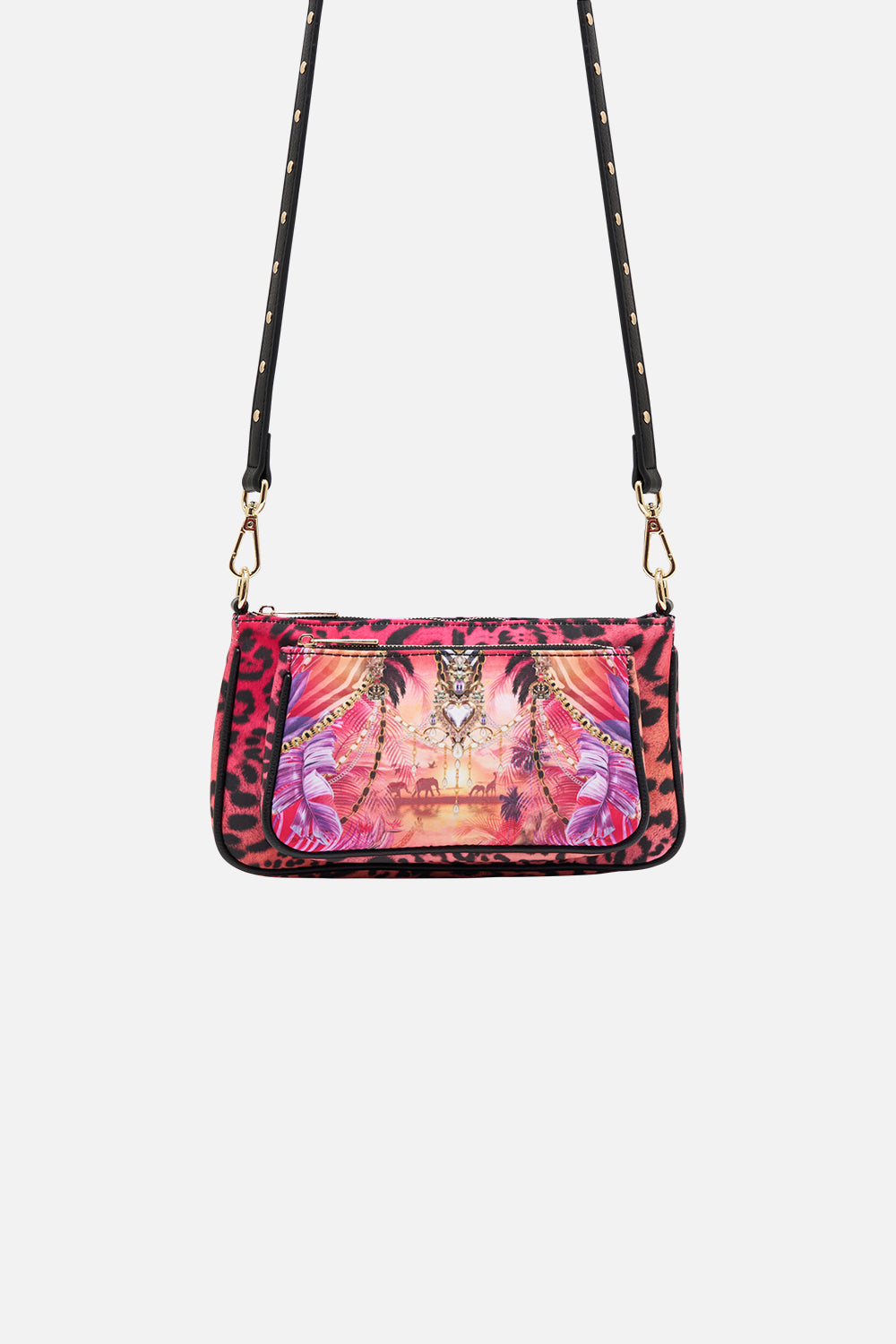 Detail view of CAMILLA nylon bag in tropical Wild Loving print