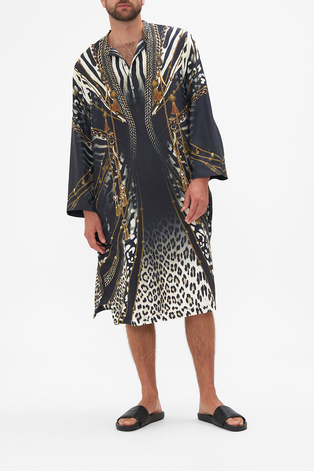 Front view of model wearing Hotel Franks by CAMILLA mens black silk kaftan in Untamed Royalty Print