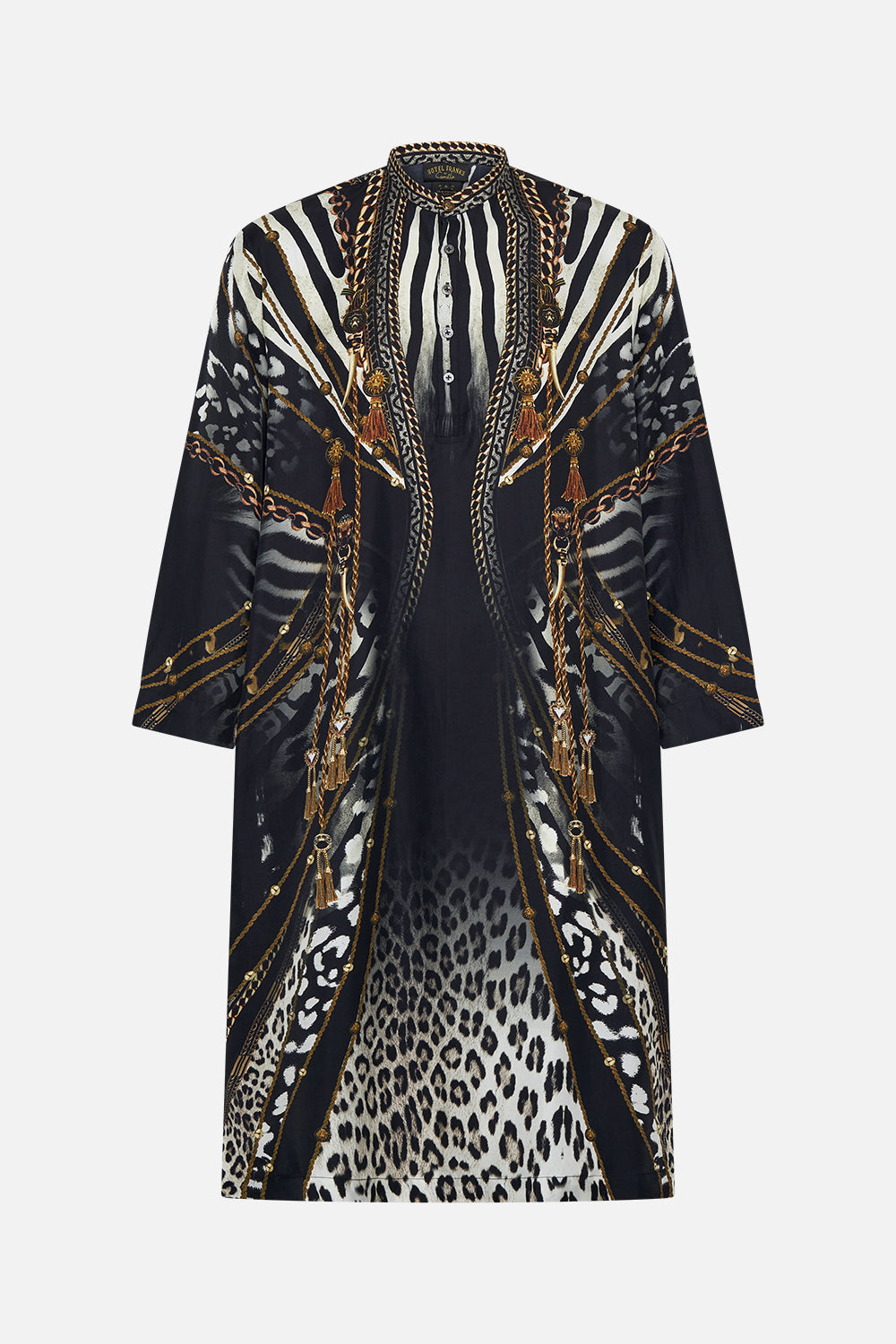 Product view of Hotel Franks by CAMILLA mens black silk kaftan in Untamed Royalty Print