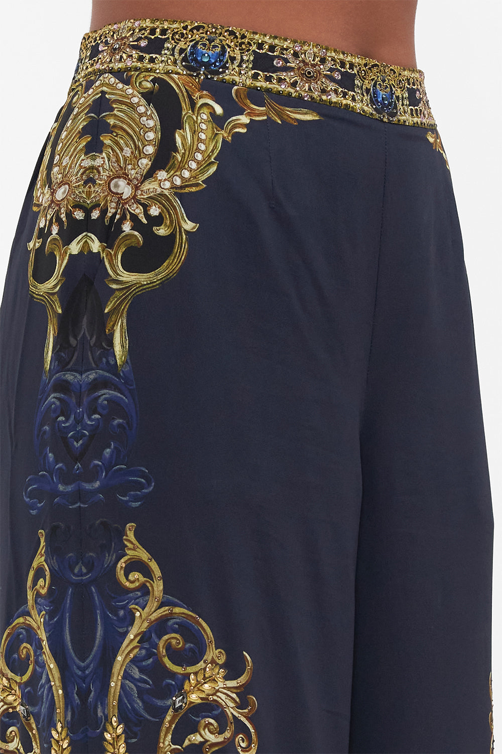 Detail view model wearing of CAMILLA silk pants in Moonlight Melodies print