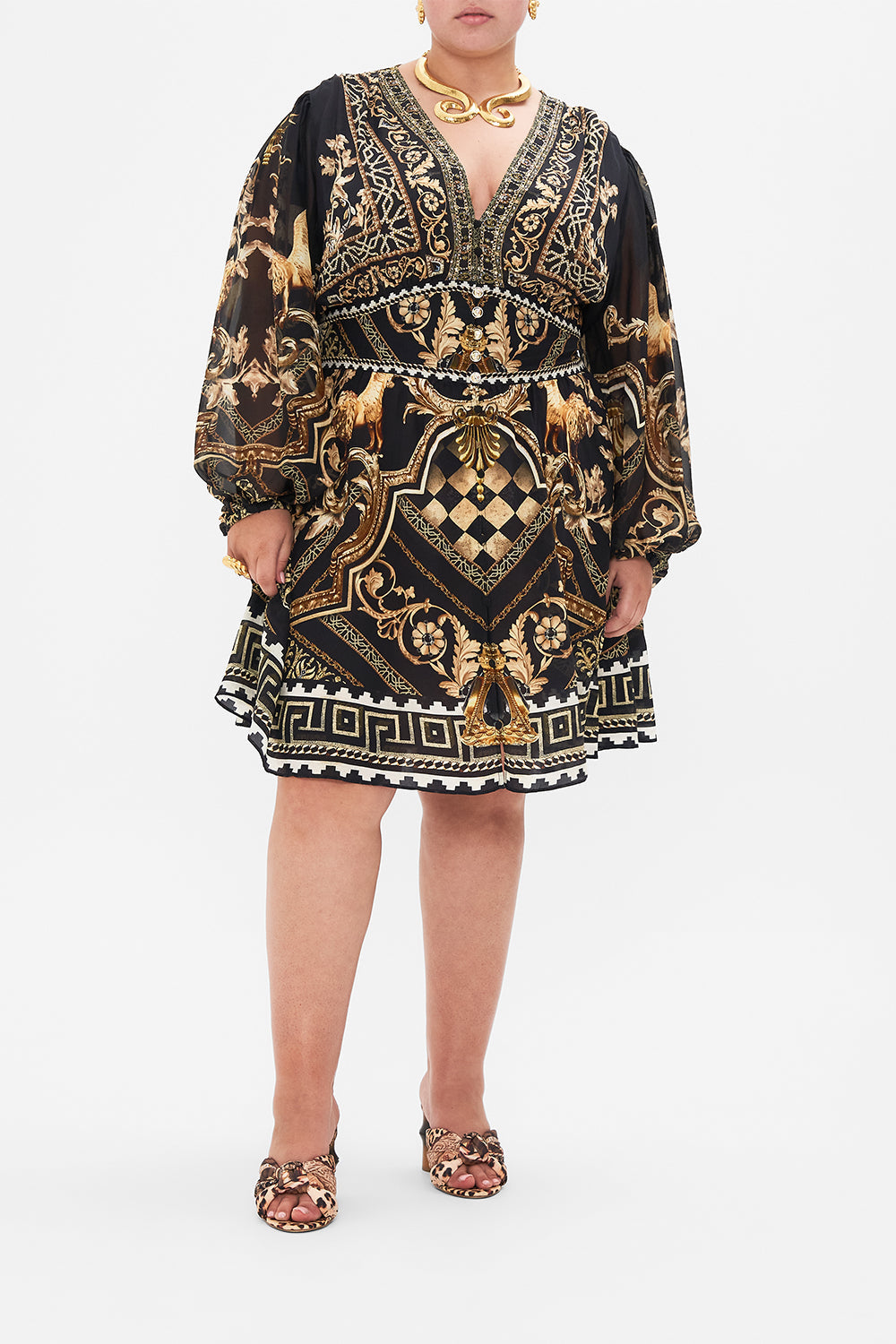 Front view of curvy model wearing CAMILLA plus size black silk dress in Duomo Dynasty print