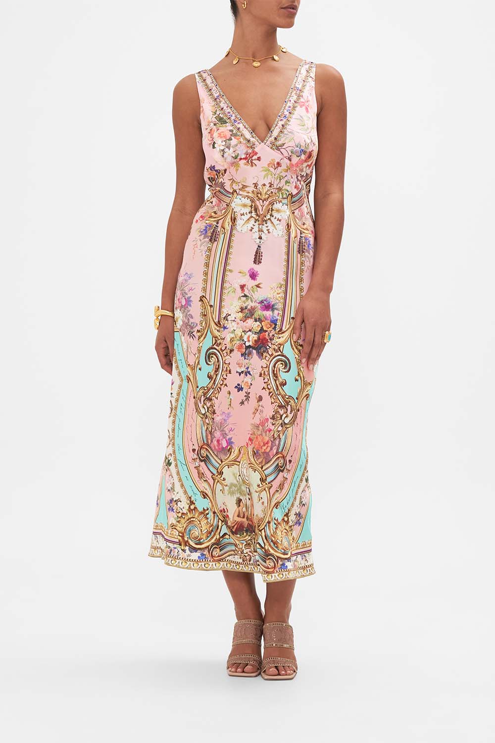 Front view of model wearing CAMILLA silk v-neck dress in Letters From The Pink Room print