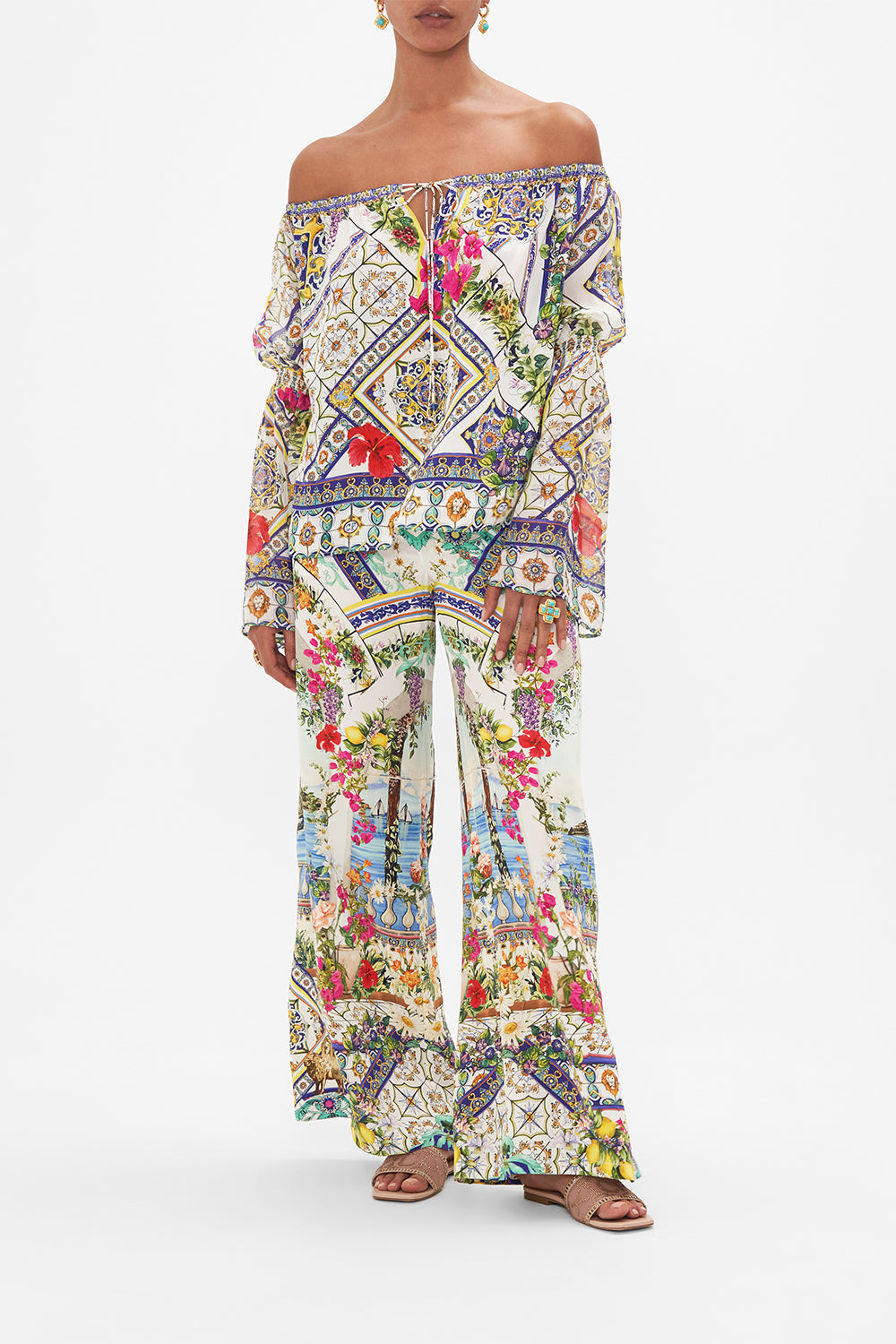 Front view of model wearing CAMILLA silk drop shoulder top in Amalfi Amore print