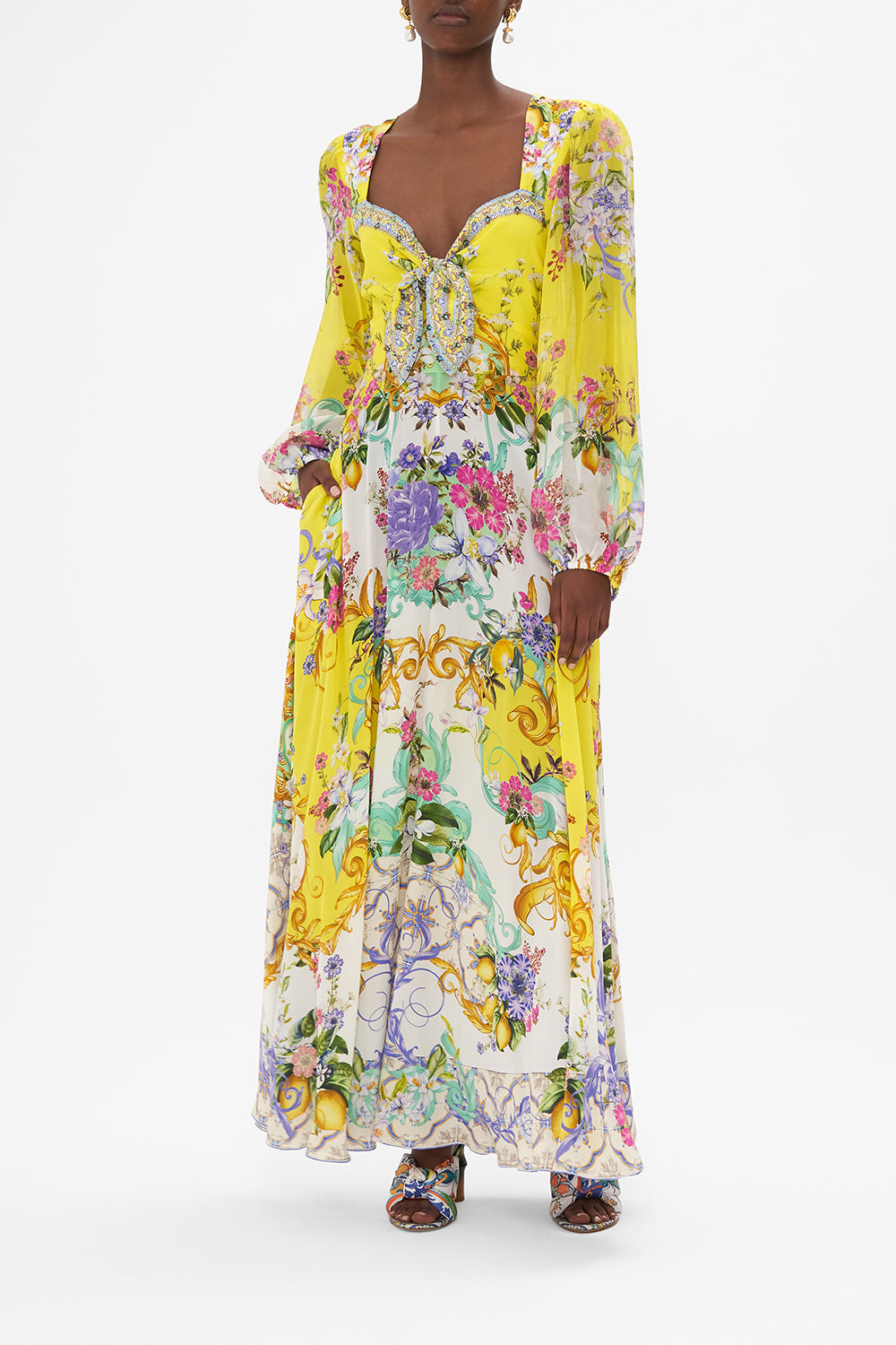 Front view of model wearing CAMILLA tie front dress in Caterina Spritz print